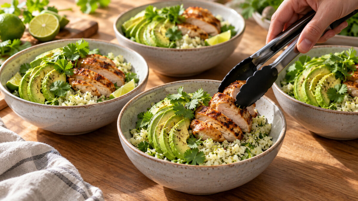 Hähnchen-Avocado-Bowl mit Limetten-Blumenkohlreis