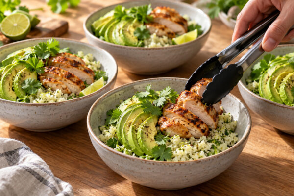 Hähnchen-Avocado-Bowl mit Limetten-Blumenkohlreis