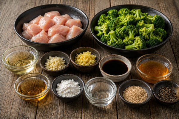 Zutaten- oder Vorbereitungsansicht mit Hähnchenbrust, Brokkoli, neutralem Öl, Knoblauch, Ingwer, koscherer Sojasauce, Honig, Sesamöl, Speisestärke, Wasser, Sesam und schwarzem Pfeffer.