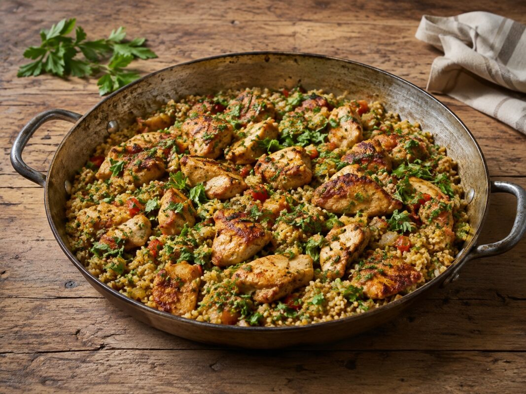 Große Metallpfanne mit gebräunten Hähnchenstücken auf Bulgur, reichlich grünen Kräutern und kleinen Gemüsestücken.
