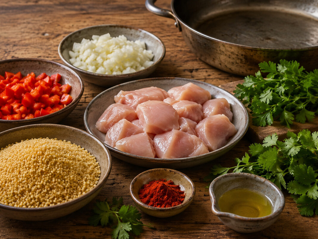 Zutaten- und Vorbereitungsansicht mit Hähnchenstücken, Bulgur, roter Paprika, Zwiebel, Olivenöl, Paprikapulver, Petersilie und Koriander neben der großen Metallpfanne.