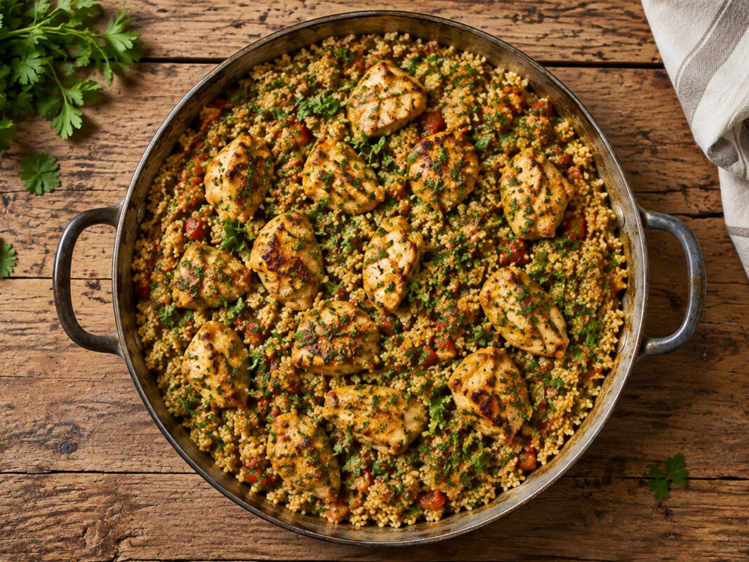 Draufsicht auf die fertige Hähnchen-Bulgur-Pfanne mit gebräunten Hähnchenstücken, Bulgur, Paprika und reichlich frischen Kräutern.