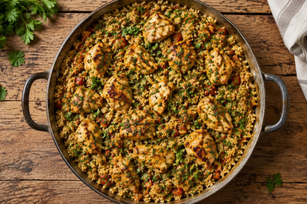 Draufsicht auf die fertige Hähnchen-Bulgur-Pfanne mit gebräunten Hähnchenstücken, Bulgur, Paprika und reichlich frischen Kräutern.