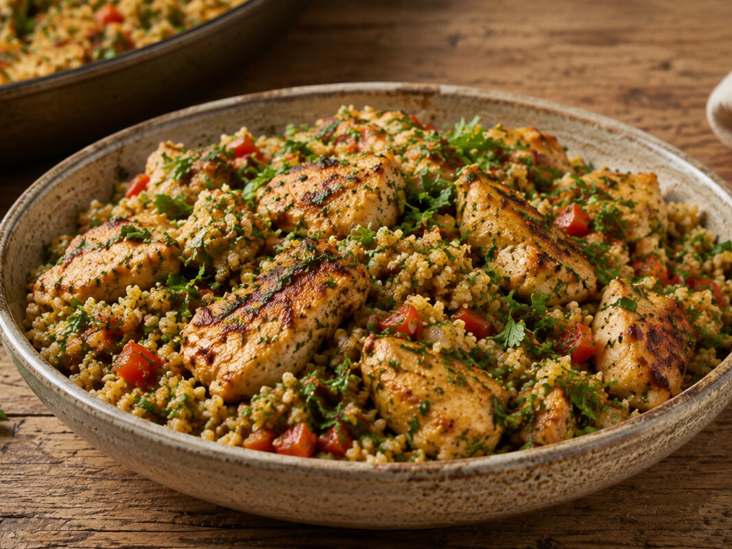 Nahe Servieransicht der fertigen Hähnchen-Bulgur-Pfanne mit Kräutern, gebräuntem Hähnchen und Bulgur.