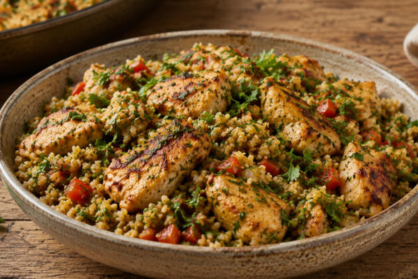 Nahe Servieransicht der fertigen Hähnchen-Bulgur-Pfanne mit Kräutern, gebräuntem Hähnchen und Bulgur.