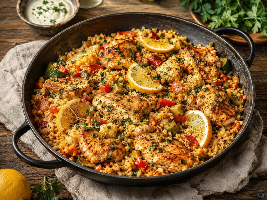 Große schwarze Pfanne mit goldbraunem Hähnchen, Bulgur, Paprika, Kräutern und Zitronenspalten.