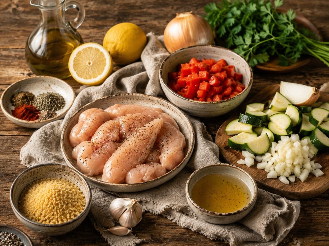 Zutaten- und Vorbereitungsansicht mit Hähnchen, Bulgur, Paprika, Zucchini, Zwiebel, Zitrone und Kräutern im rustikalen Setting.
