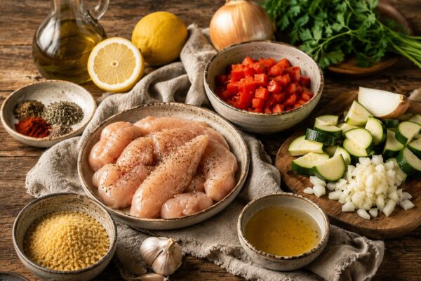 Zutaten- und Vorbereitungsansicht mit Hähnchen, Bulgur, Paprika, Zucchini, Zwiebel, Zitrone und Kräutern im rustikalen Setting.