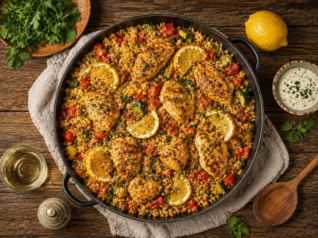 Draufsicht auf die fertige Hähnchen-Bulgur-Pfanne mit Zitronenspalten, Paprika und Kräutern in schwarzer Pfanne.