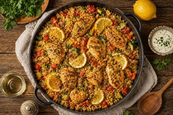 Draufsicht auf die fertige Hähnchen-Bulgur-Pfanne mit Zitronenspalten, Paprika und Kräutern in schwarzer Pfanne.