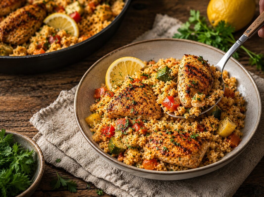Servierszene mit einer Portion Hähnchen-Bulgur-Pfanne auf einem Teller, mit Zitronenspalte und sichtbaren Kräutern.