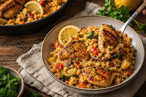 Servierszene mit einer Portion Hähnchen-Bulgur-Pfanne auf einem Teller, mit Zitronenspalte und sichtbaren Kräutern.