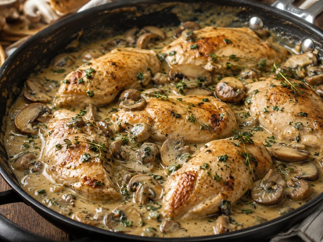 Gebratene Hähnchenstücke und Champignons in heller cremiger Kräutersauce in einer dunklen Pfanne.