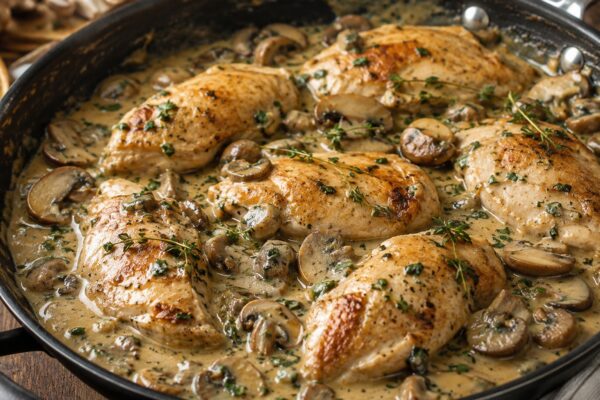 Gebratene Hähnchenstücke und Champignons in heller cremiger Kräutersauce in einer dunklen Pfanne.
