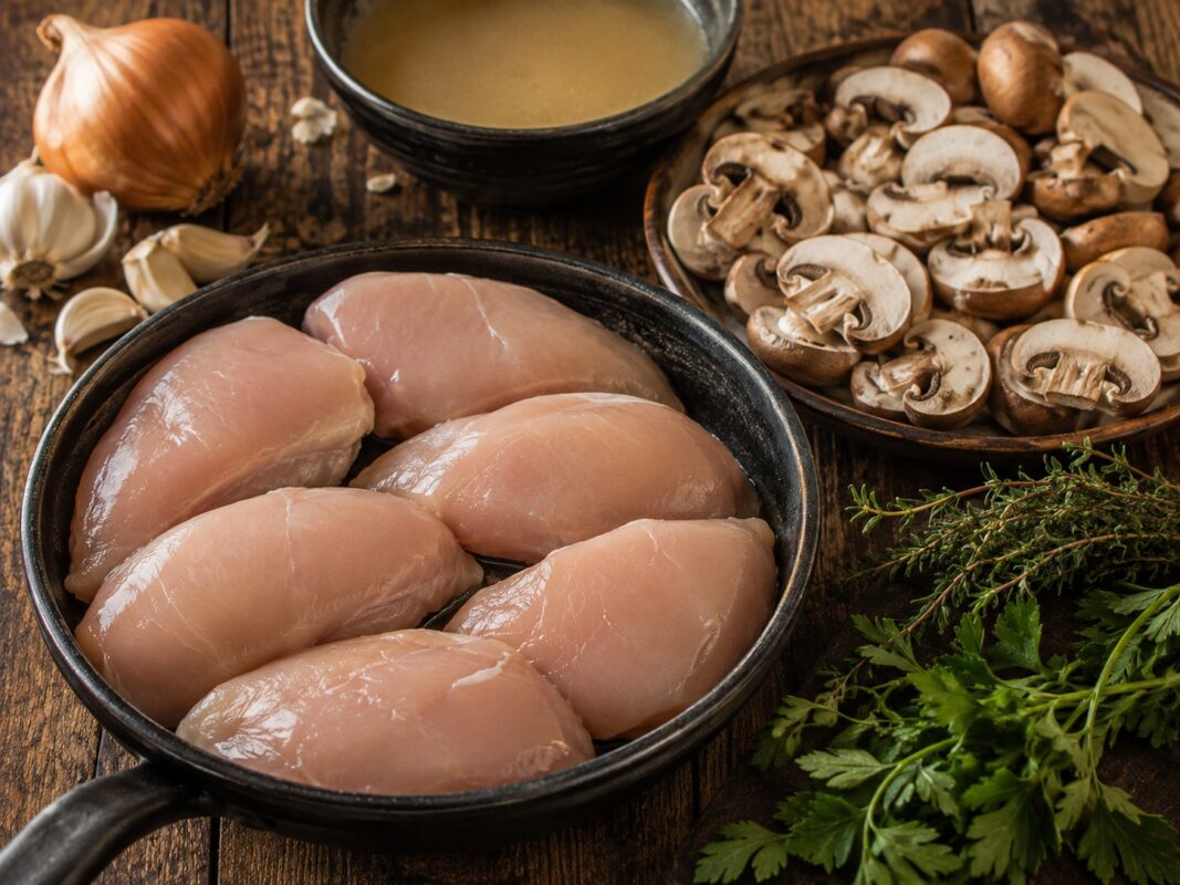 Zutaten- oder Vorbereitungsansicht mit Hähnchen, Champignons und Kräutern.