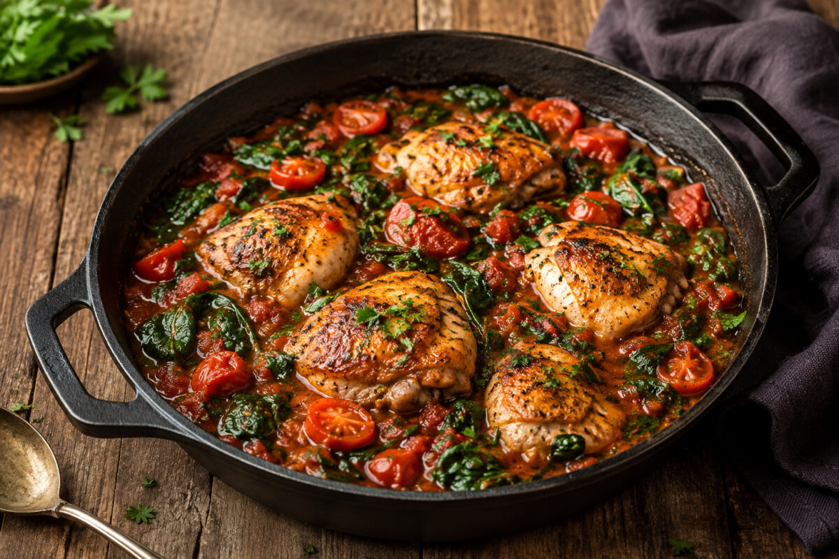 Hähnchen in Tomaten-Spinat-Sauce in dunkler rustikaler Pfanne, warme 45-Grad-Hauptansicht.