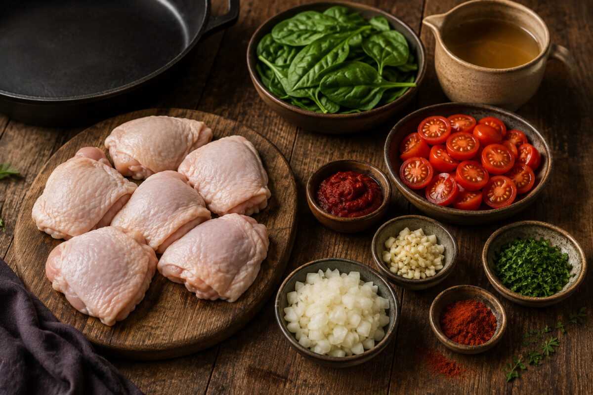 Vorbereitungsansicht mit rohem Hähnchen, Spinat, Kirschtomaten, Zwiebel, Knoblauch, Tomatenmark, Paprika, Petersilie und Brühe.