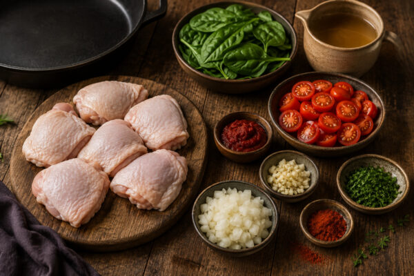 Vorbereitungsansicht mit rohem Hähnchen, Spinat, Kirschtomaten, Zwiebel, Knoblauch, Tomatenmark, Paprika, Petersilie und Brühe.