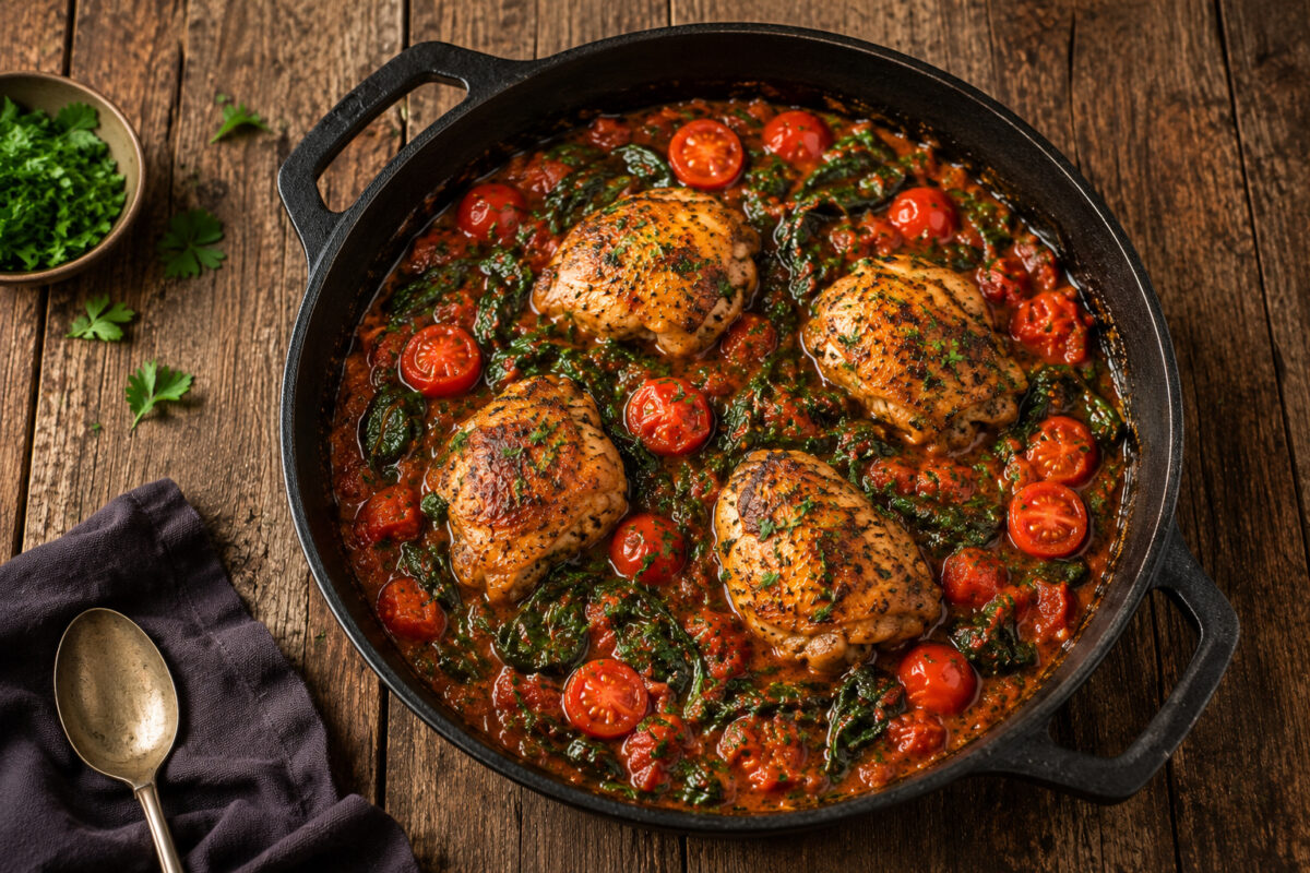 Fertiges Hähnchen in Tomaten-Spinat-Sauce aus deutlich höherer, nahezu top-down Perspektive in dunkler Pfanne.