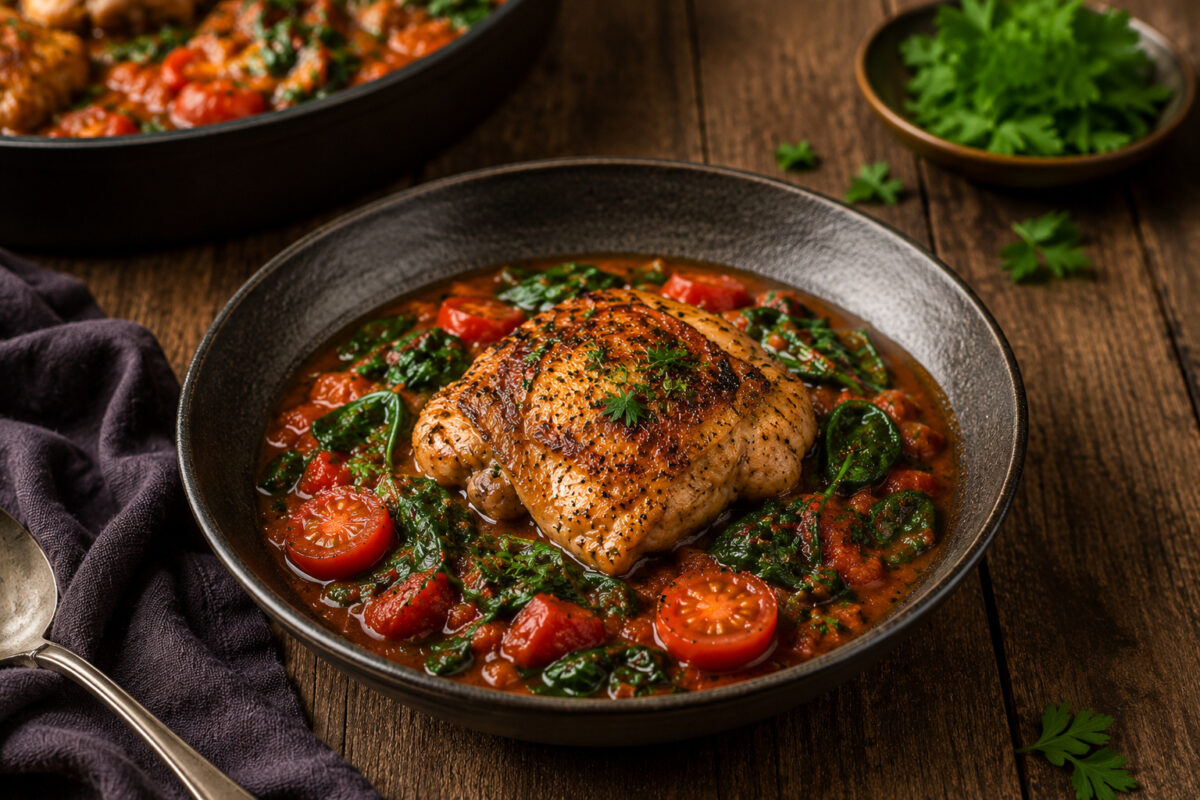 Portionsweise Servierszene in dunkler Schale mit gebräuntem Hähnchenstück, Tomaten-Spinat-Sauce und Petersilie.