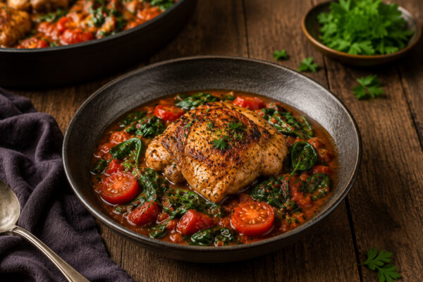 Portionsweise Servierszene in dunkler Schale mit gebräuntem Hähnchenstück, Tomaten-Spinat-Sauce und Petersilie.