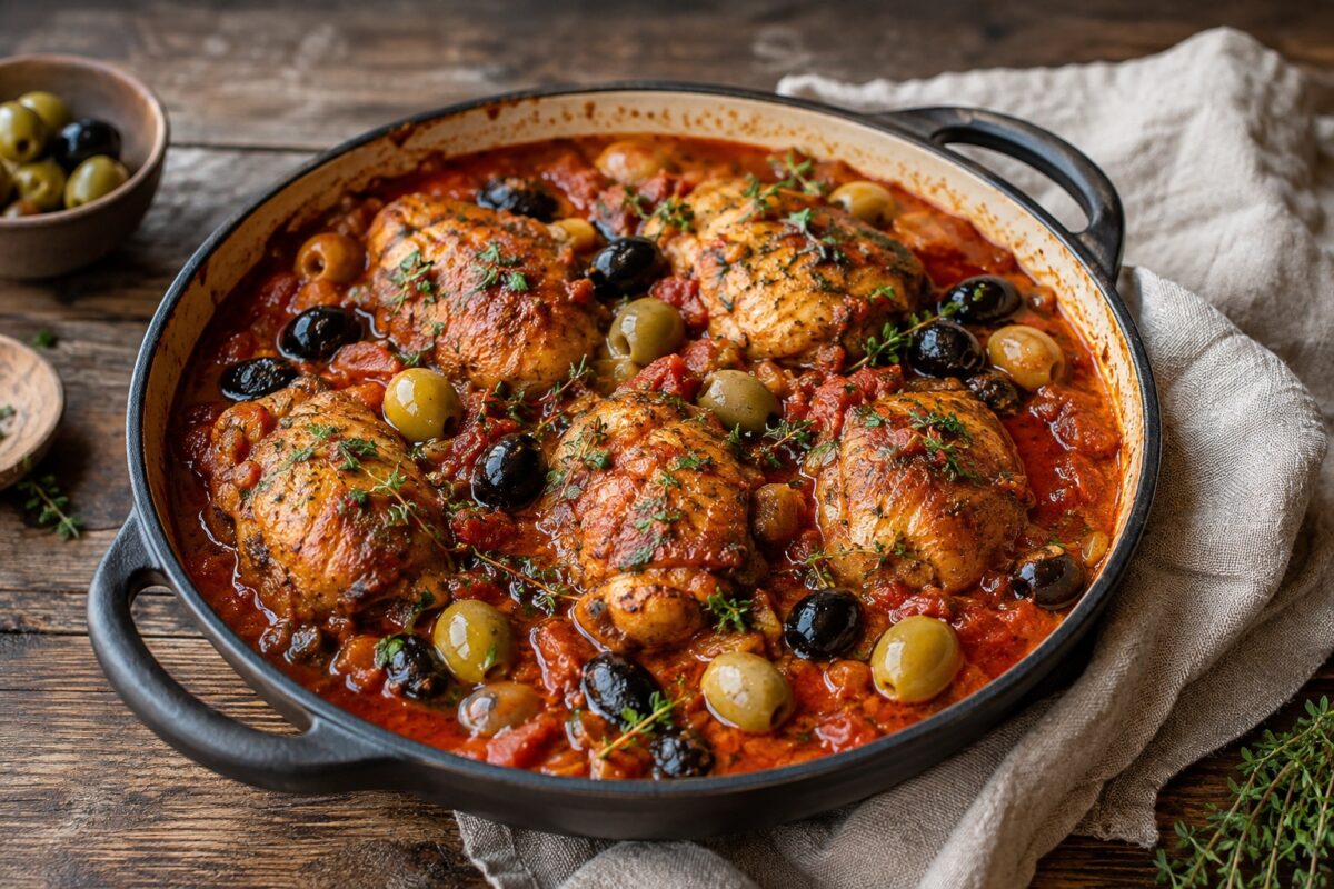 Große schwarze Schmorpfanne mit goldbraun geschmorten Hähnchenteilen in kräftiger Tomaten-Oliven-Sauce, garniert mit Kräutern.