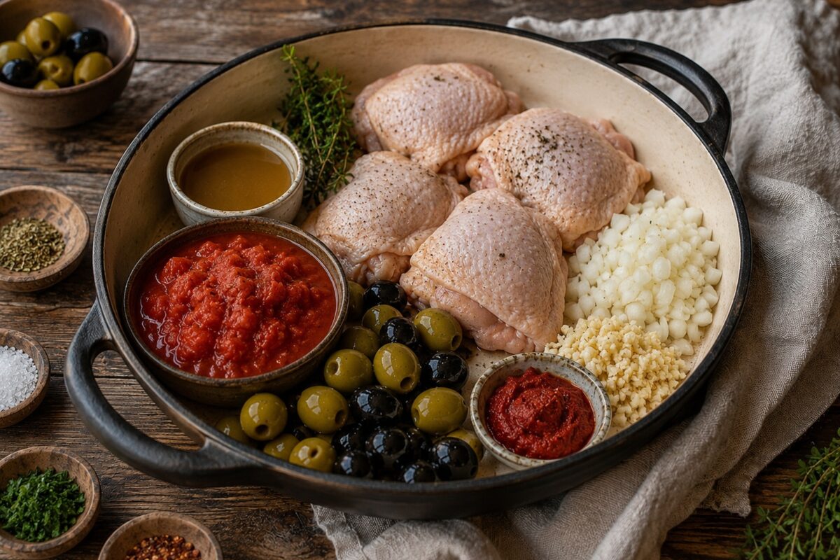 Zutaten- und Vorbereitungsansicht in der Schmorpfanne mit Hähnchenteilen, Tomaten, grünen und schwarzen Oliven, Brühe, Tomatenmark, Zwiebel, Knoblauch und Kräutern.