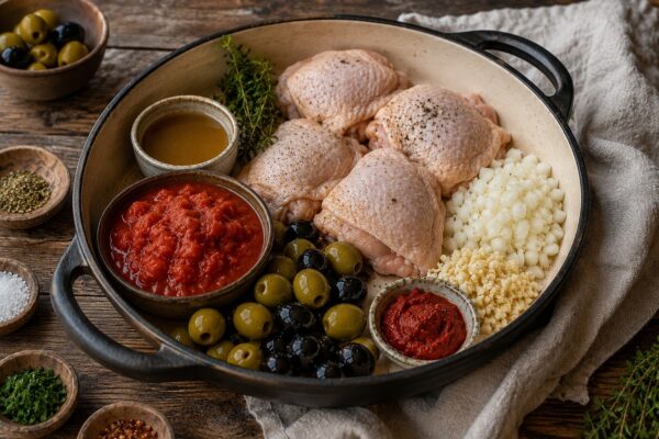 Zutaten- und Vorbereitungsansicht in der Schmorpfanne mit Hähnchenteilen, Tomaten, grünen und schwarzen Oliven, Brühe, Tomatenmark, Zwiebel, Knoblauch und Kräutern.