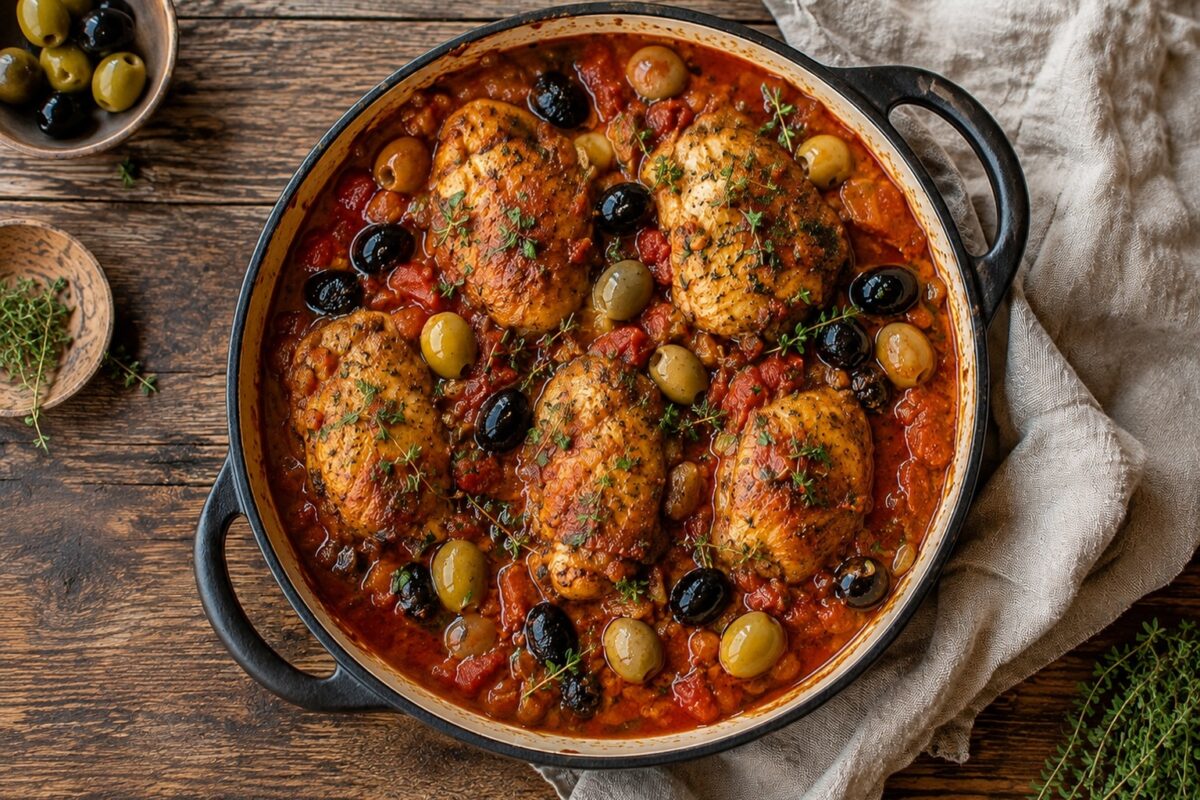 Draufsicht auf die große Schmorpfanne mit goldbraun geschmorten Hähnchenteilen in kräftiger Tomaten-Oliven-Sauce.