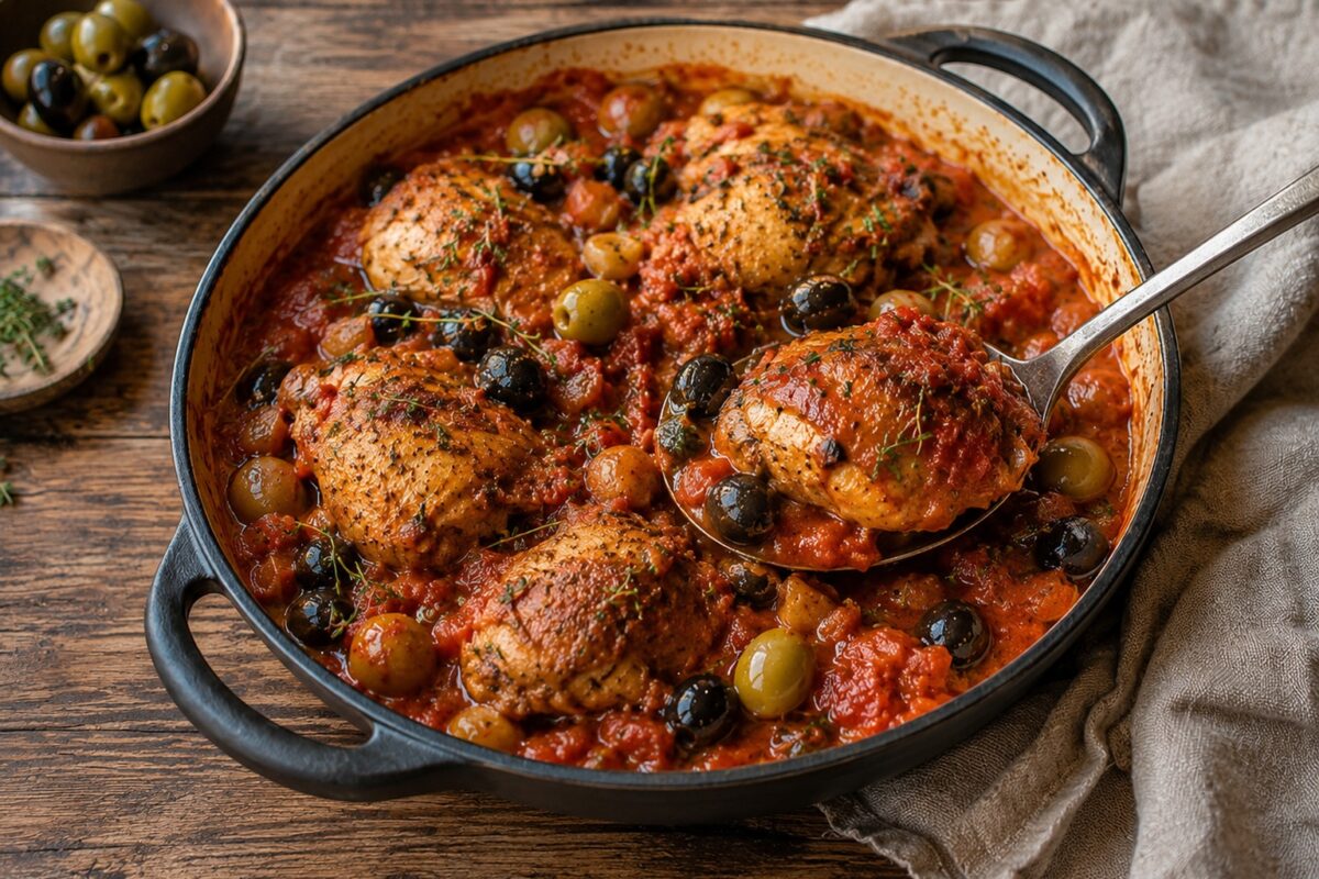 Servierszene mit einem Löffel, der ein geschmortes Hähnchenteil aus der Tomaten-Oliven-Sauce anhebt.
