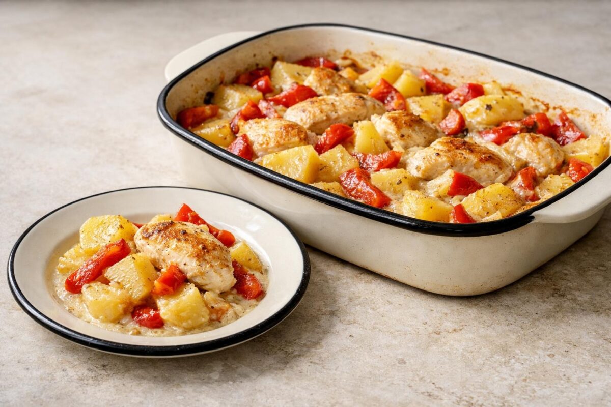Hauptansicht des fertigen Gerichts. Rezept: Hähnchen-Kartoffel-Auflauf mit Paprika