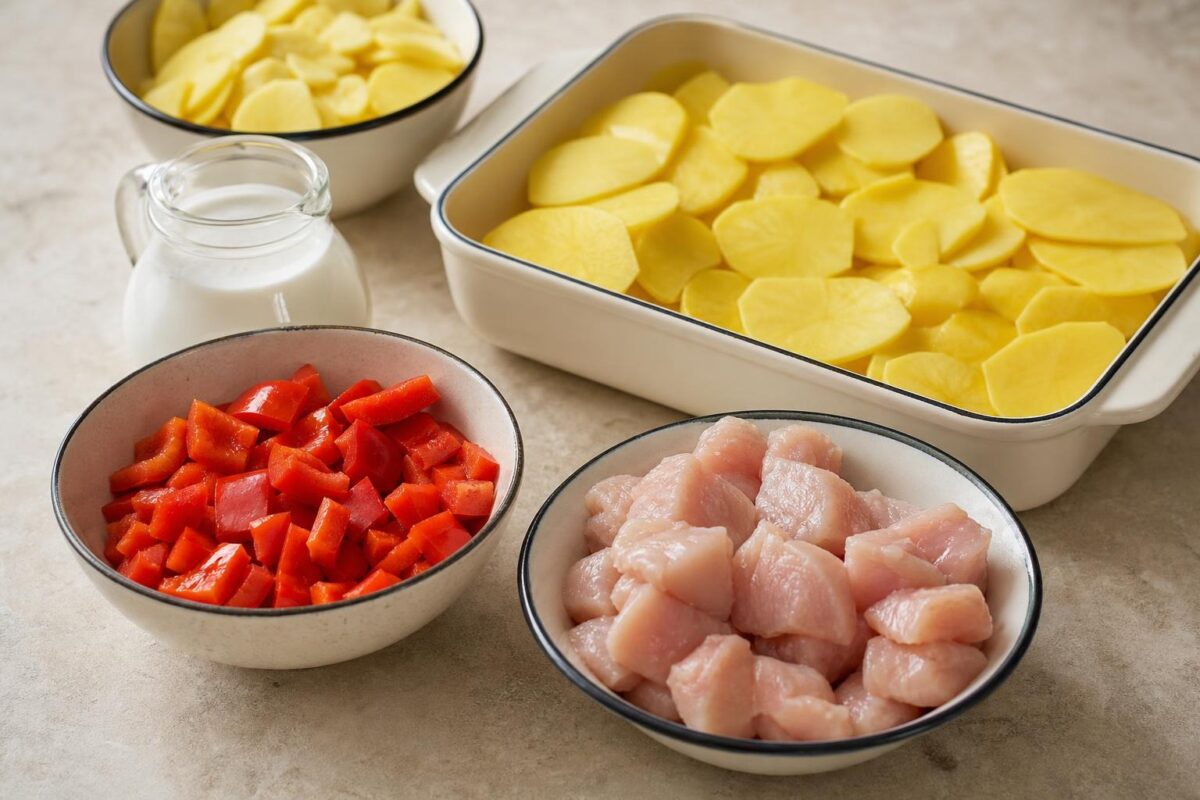 Zutaten- und Vorbereitungsansicht. Rezept: Hähnchen-Kartoffel-Auflauf mit Paprika