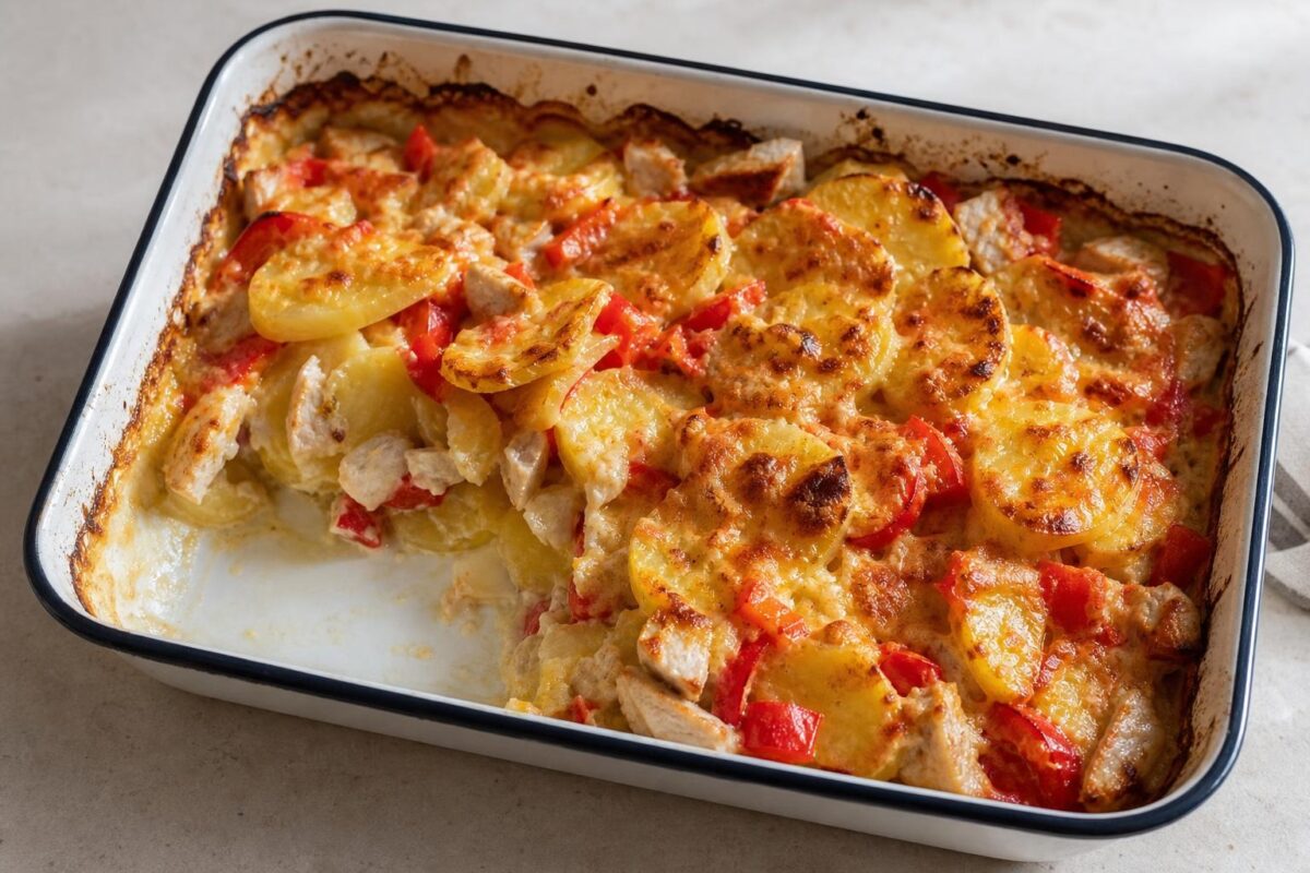 Fertiges Gericht aus einer alternativen Perspektive. Rezept: Hähnchen-Kartoffel-Auflauf mit Paprika