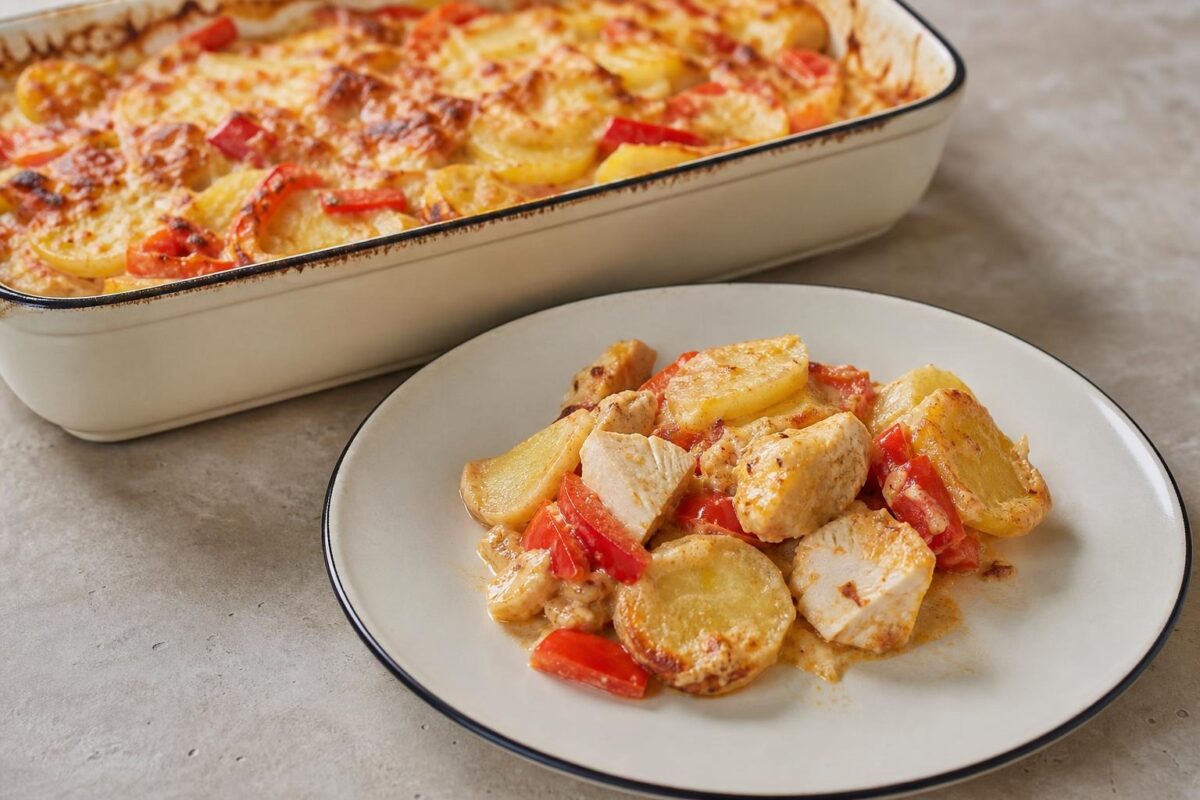 Servierszene mit dem fertigen Gericht. Rezept: Hähnchen-Kartoffel-Auflauf mit Paprika