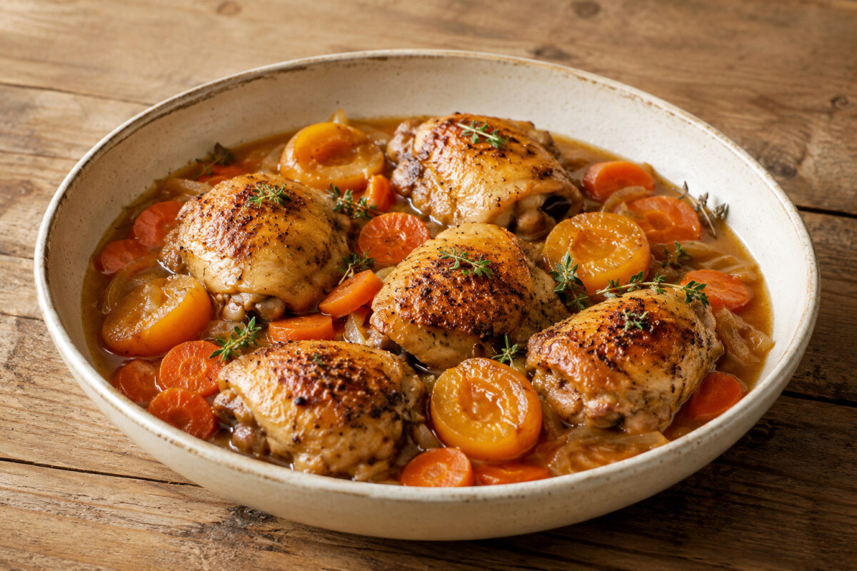 Fertiges Hähnchen mit Aprikosen und Möhren in Sauce, Hauptansicht.