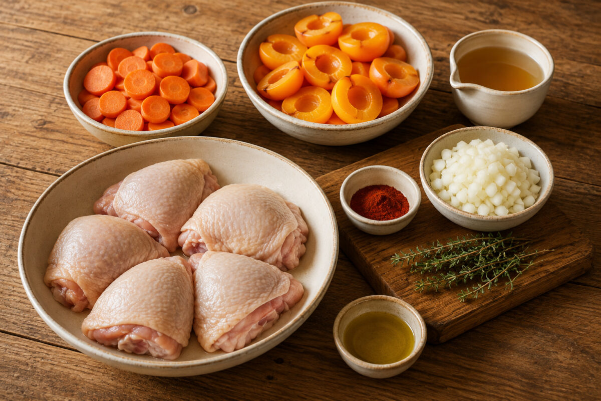Zutaten- und Vorbereitungsansicht mit Hähnchen, Möhren, Aprikosen, Zwiebel, Brühe, Paprika, Thymian und Olivenöl.