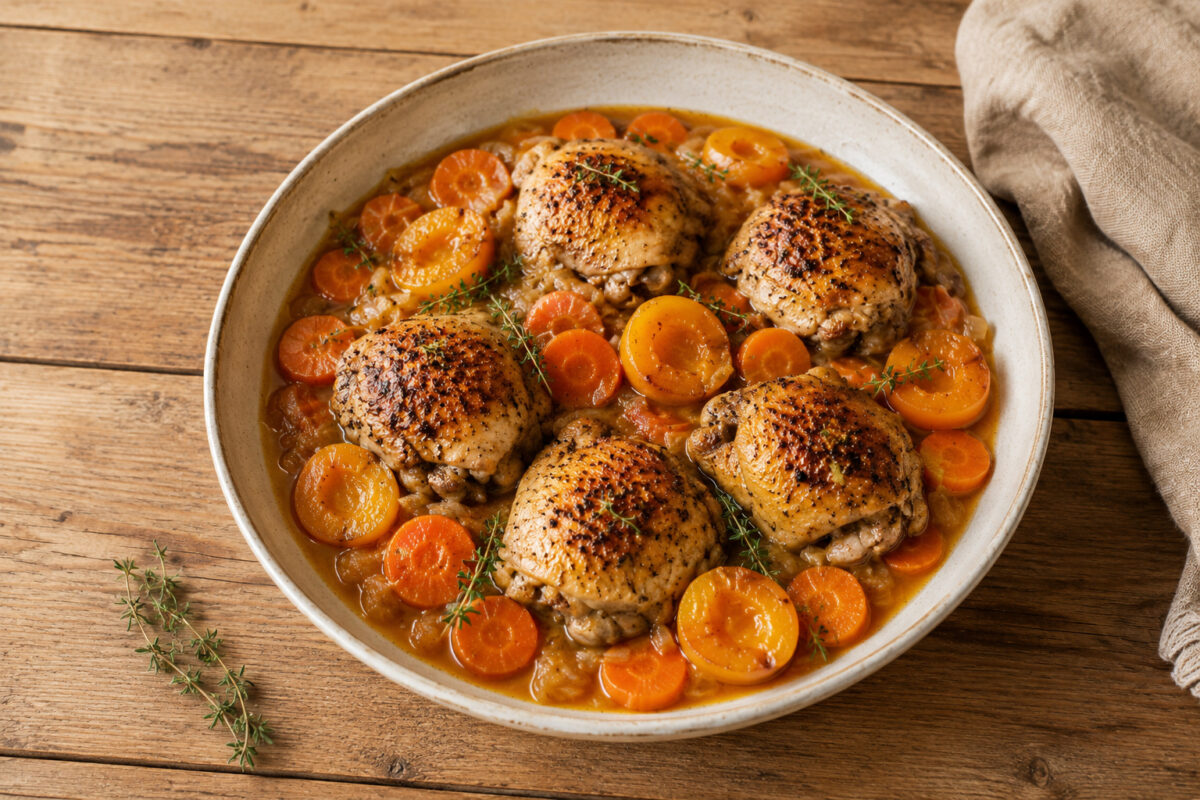 Fertiges Hähnchen mit Aprikosen und Möhren aus alternativer Perspektive.