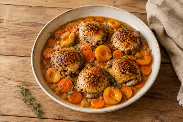 Fertiges Hähnchen mit Aprikosen und Möhren aus alternativer Perspektive.