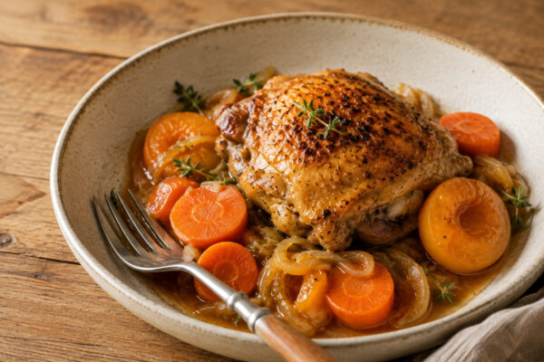 Servierte Portion Hähnchen mit Aprikosen, Möhren, Zwiebeln und Sauce im Detail.