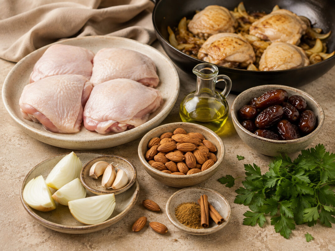 Zutaten- und Vorbereitungsansicht mit Hähnchenteilen, Datteln, Mandeln, Zwiebel, Knoblauch, Olivenöl, Gewürzen und Petersilie.