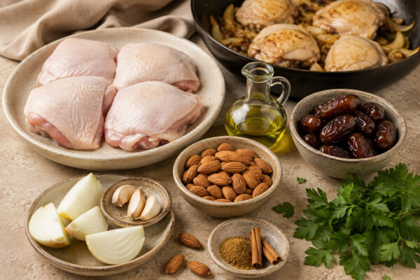Zutaten- und Vorbereitungsansicht mit Hähnchenteilen, Datteln, Mandeln, Zwiebel, Knoblauch, Olivenöl, Gewürzen und Petersilie.