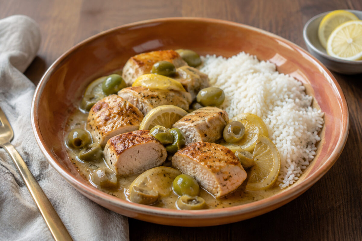 Hauptansicht des fertigen Gerichts. Rezept: Hähnchen mit Zitronen-Oliven-Sauce und Reis