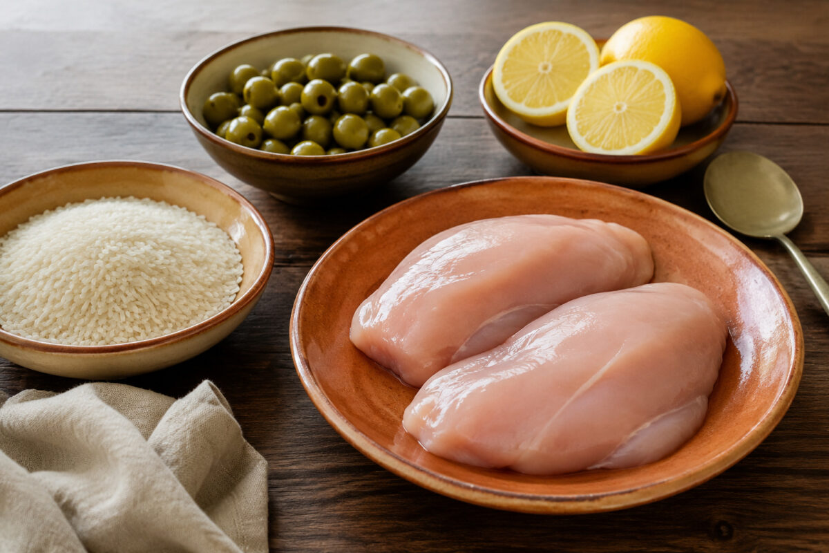 Zutaten- und Vorbereitungsansicht. Rezept: Hähnchen mit Zitronen-Oliven-Sauce und Reis