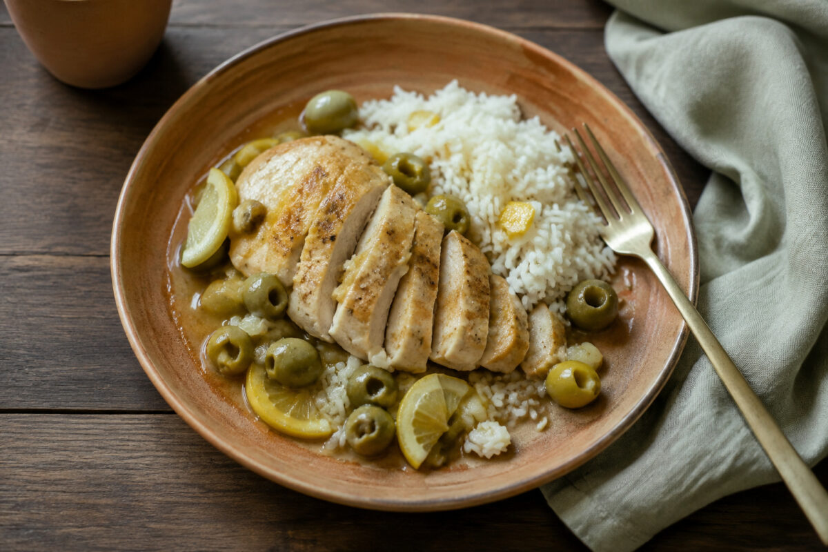 Fertiges Gericht aus alternativer Perspektive. Rezept: Hähnchen mit Zitronen-Oliven-Sauce und Reis