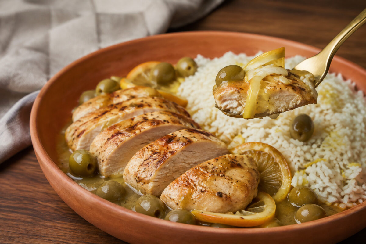 Servierszene mit dem fertigen Gericht. Rezept: Hähnchen mit Zitronen-Oliven-Sauce und Reis