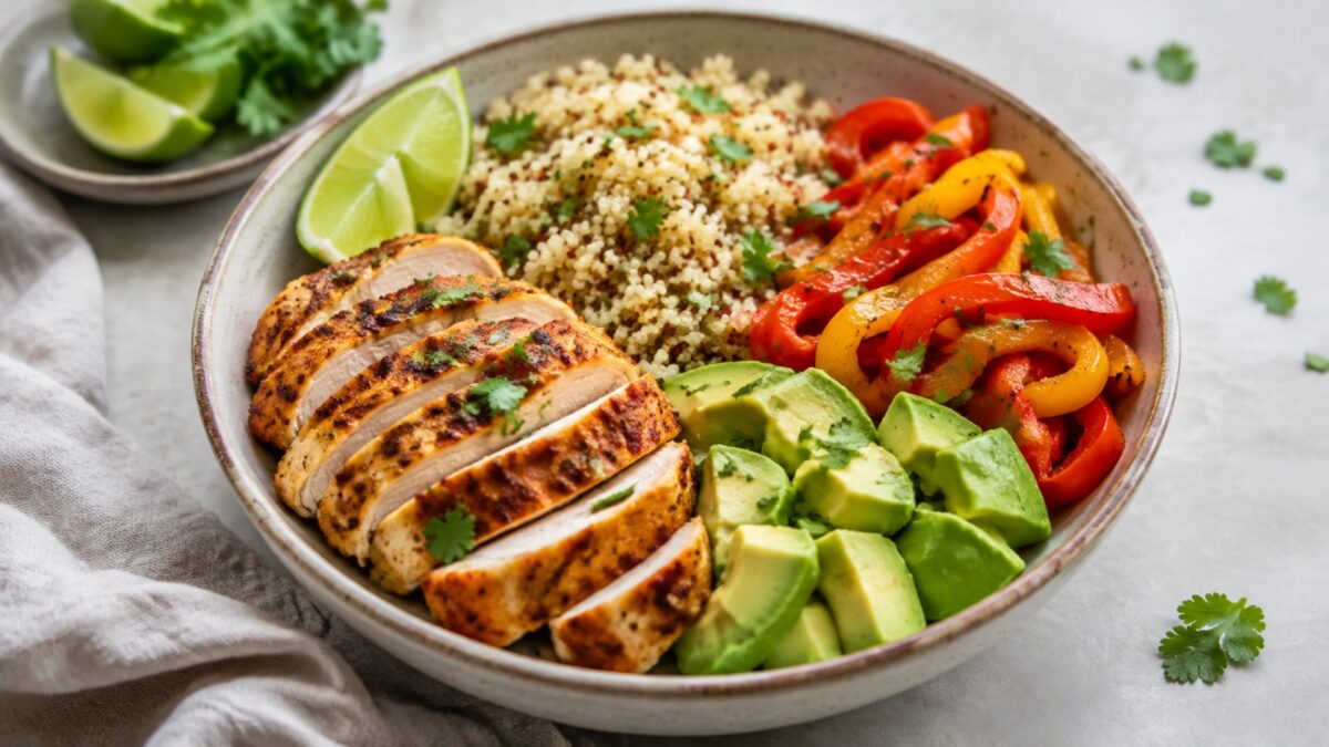 Hauptansicht des fertigen Gerichts: Echte Bowl mit klar getrennten Segmenten aus Hähnchenbrustfilet, Quinoa und Paprika und Avocado; Zutaten erst beim Essen mischbar und optisch deutlich voneinander abgegrenzt. Das gesamte Gericht zentral und 4:3-crop-si…