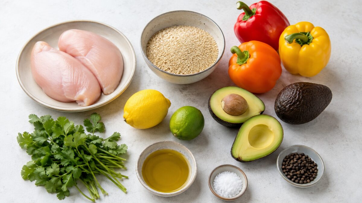 Übersicht aller Zutaten für „Hähnchen-Quinoa-Bowl mit Paprika und Avocado“ auf heller Arbeitsfläche, sauber gruppiert, ohne Verpackungsschrift und ohne fertiges Gericht.