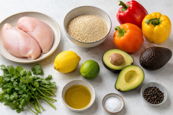 Übersicht aller Zutaten für „Hähnchen-Quinoa-Bowl mit Paprika und Avocado“ auf heller Arbeitsfläche, sauber gruppiert, ohne Verpackungsschrift und ohne fertiges Gericht.