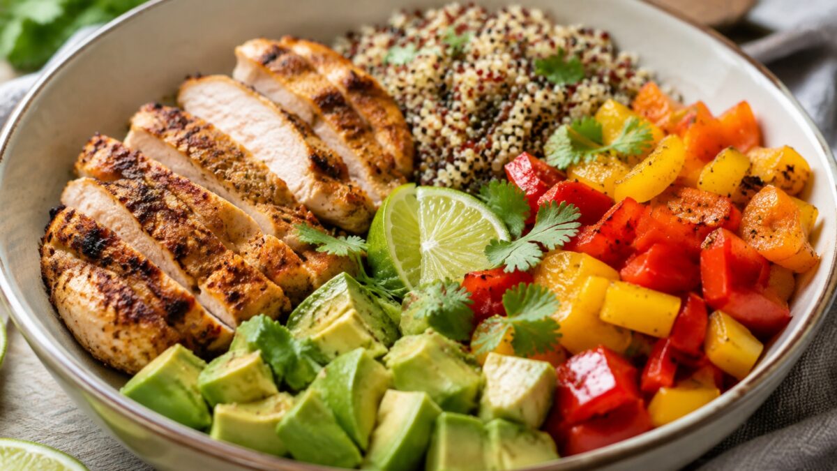 Alternative Perspektive des fertigen Gerichts: Echte Bowl mit klar getrennten Segmenten aus Hähnchenbrustfilet, Quinoa und Paprika und Avocado; Zutaten erst beim Essen mischbar und optisch deutlich voneinander abgegrenzt. Etwas näher aufgenommen, natürli…