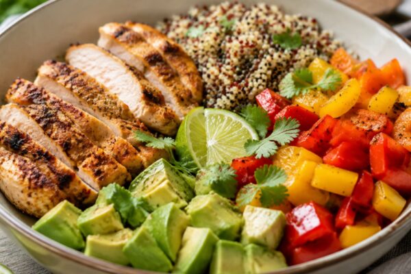Alternative Perspektive des fertigen Gerichts: Echte Bowl mit klar getrennten Segmenten aus Hähnchenbrustfilet, Quinoa und Paprika und Avocado; Zutaten erst beim Essen mischbar und optisch deutlich voneinander abgegrenzt. Etwas näher aufgenommen, natürli…